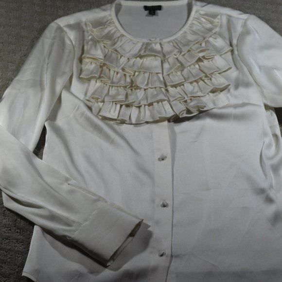 Vintage 90s Madison Size 6 Shiny Cream Ruffle Collar Blouse - Picture 2 of 6